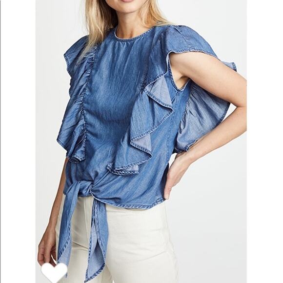Frame Blue Ruffle Blouse Size Medium - Picture 1 of 16